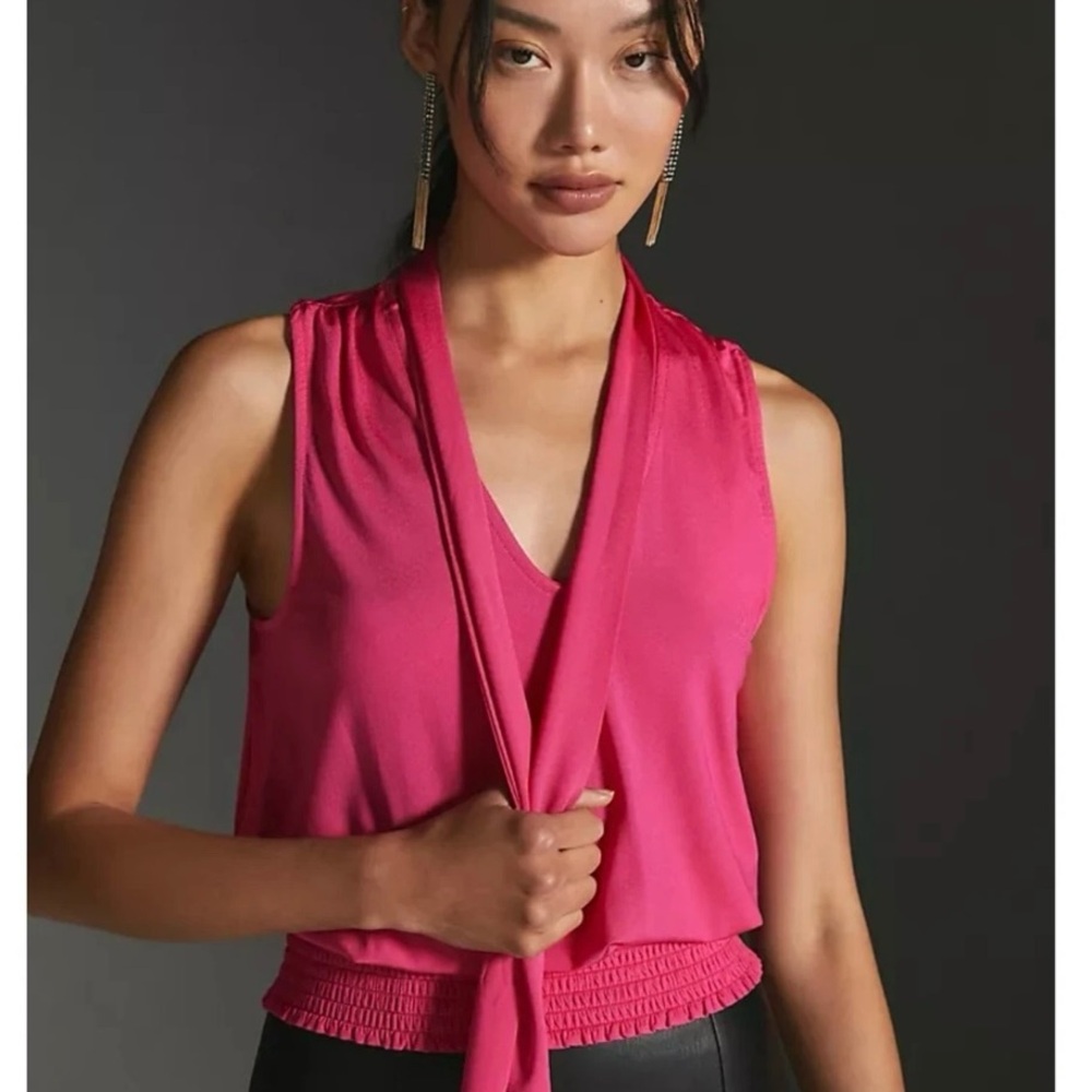 Anthropologie Tie-Neck Blouse Pink Size M Tank Top Office NWOT